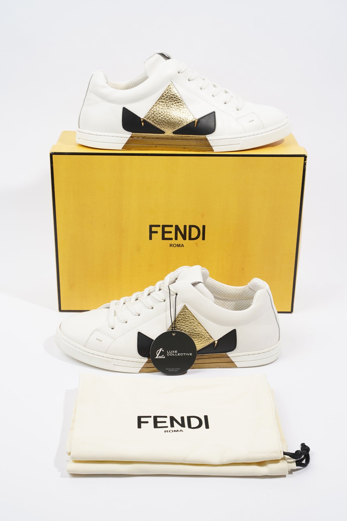 Fendi Monster Eyes Sneaker White / Gold / Black Leather EU 42 UK 8