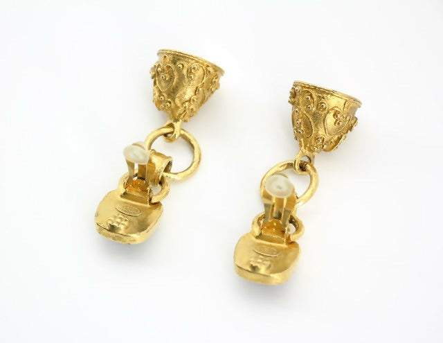 Chanel Vintage 94A Grapevine Gold-plated Red Bell Clip-on Earrings