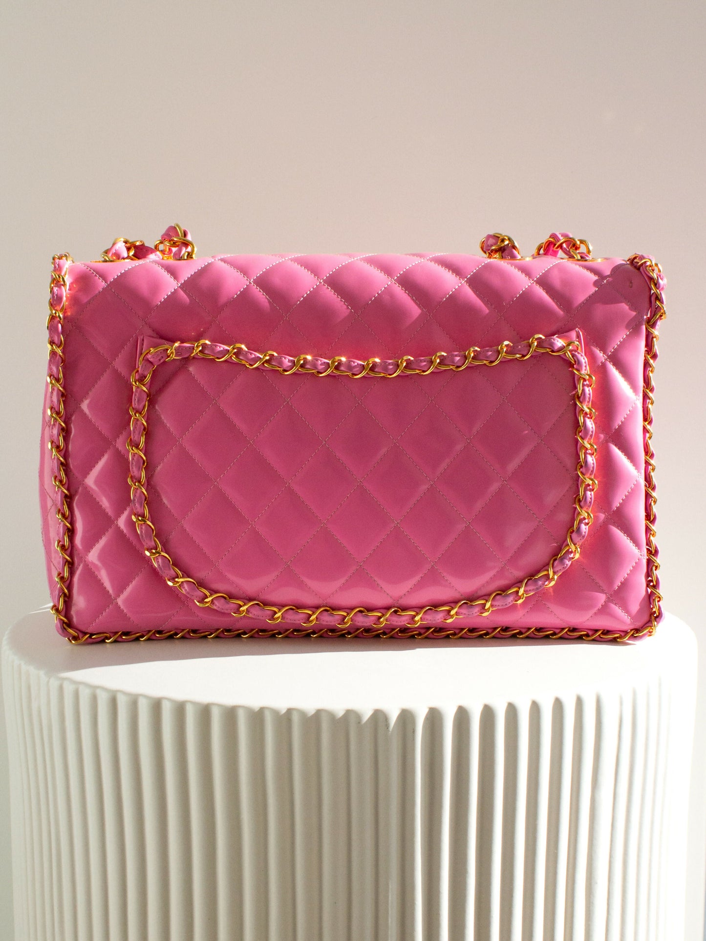 Chanel Vintage S/S1995 Barbie Pink 24K Gold Chain Around Patent Lambskin Jumbo XL 95P Bag