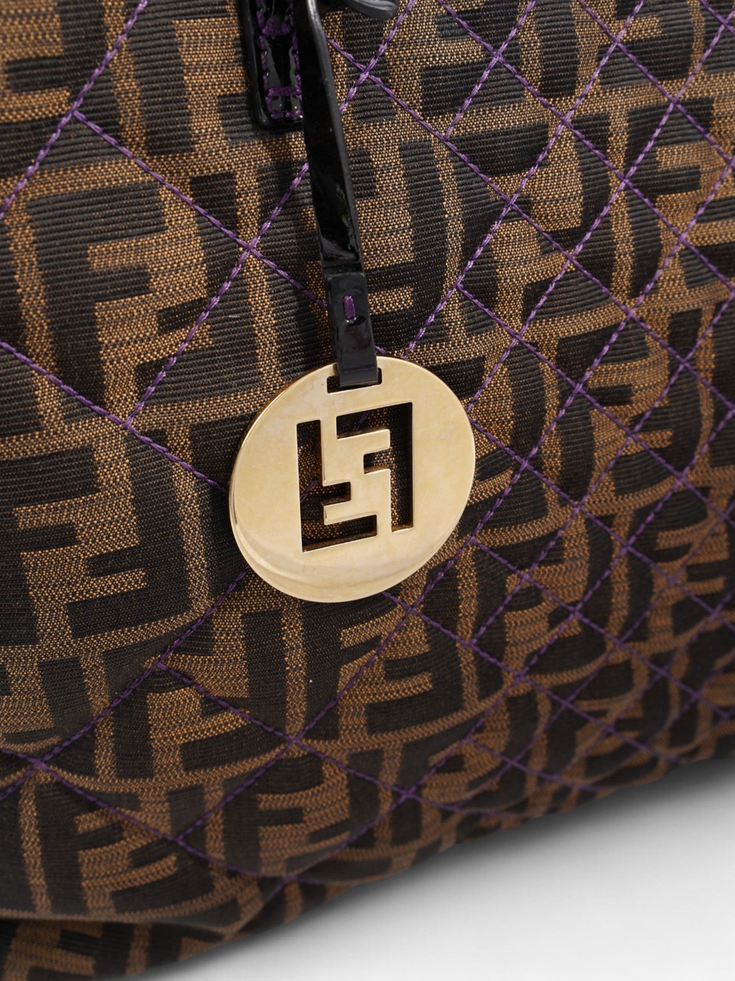 Fendi Quilted Roll Tote Brown FF / Purple Stitching / Black Cotton