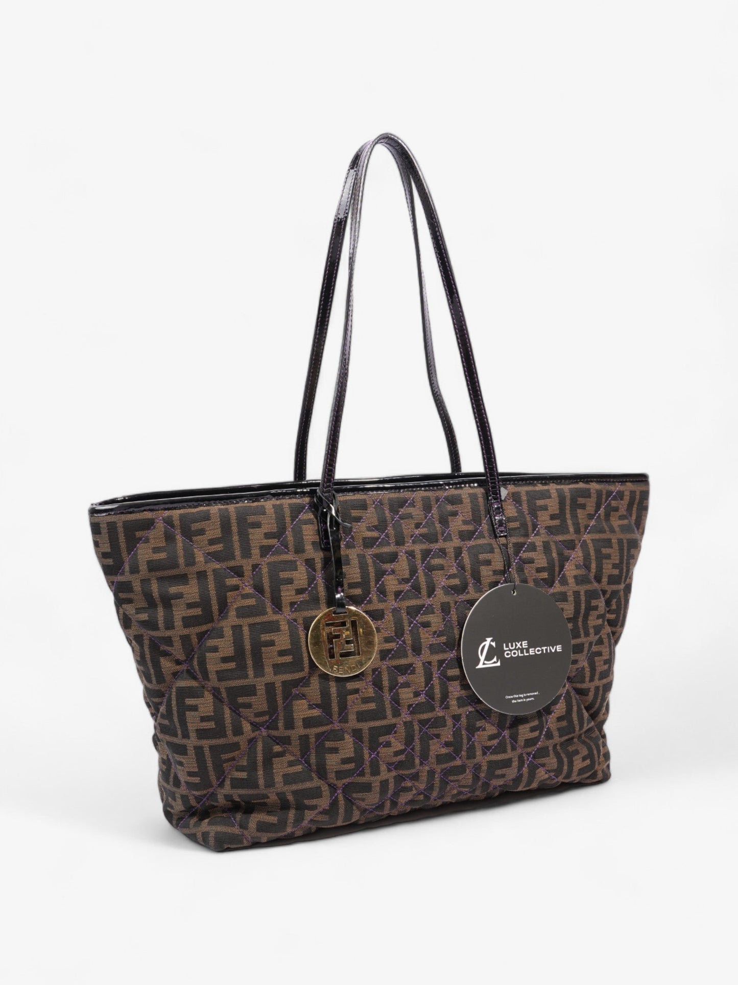 Fendi Quilted Roll Tote Brown FF / Purple Stitching / Black Cotton