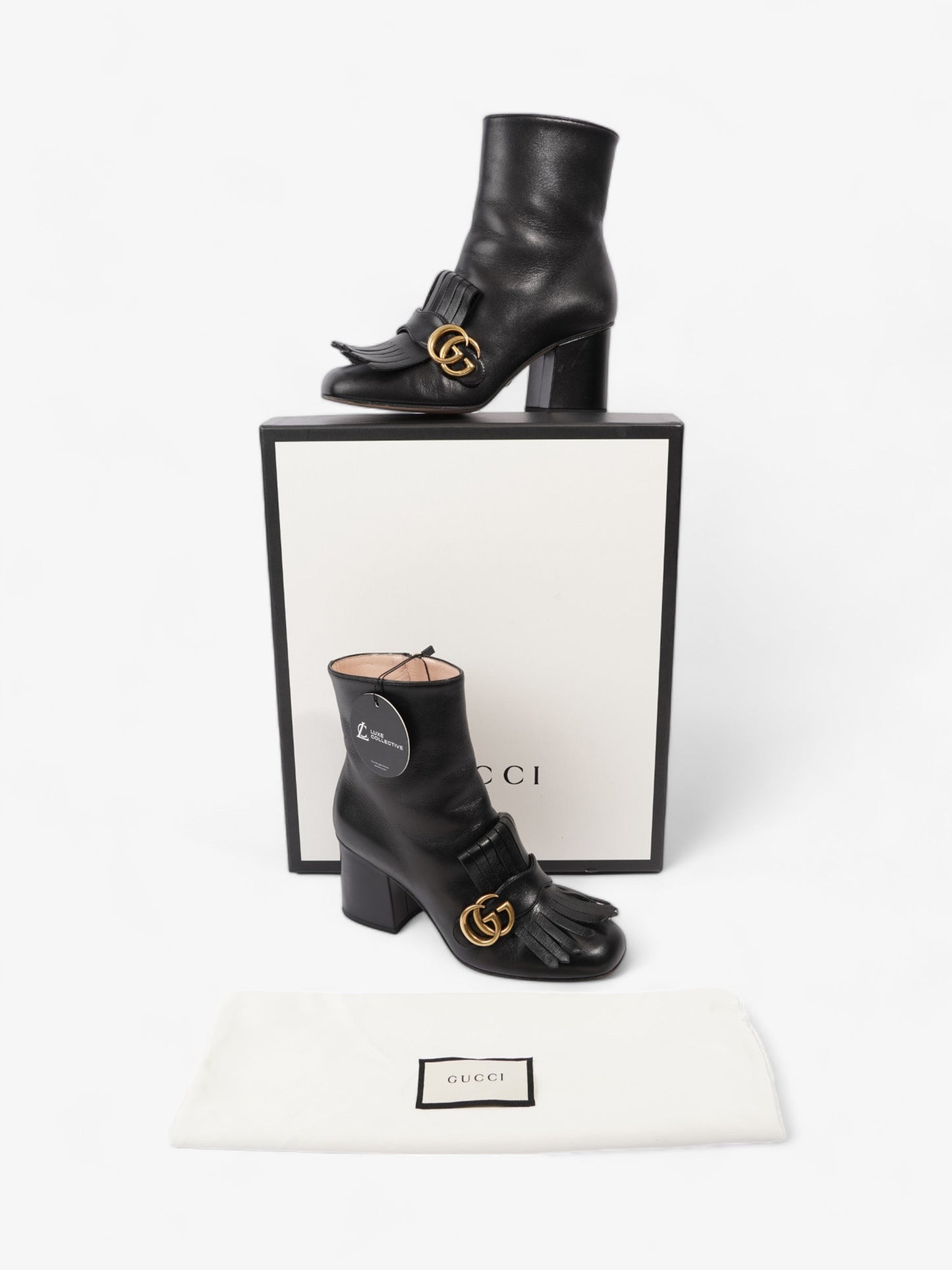 Gucci GG Marmont Fringe Block Heel 70mm Black Leather EU 37 UK 4
