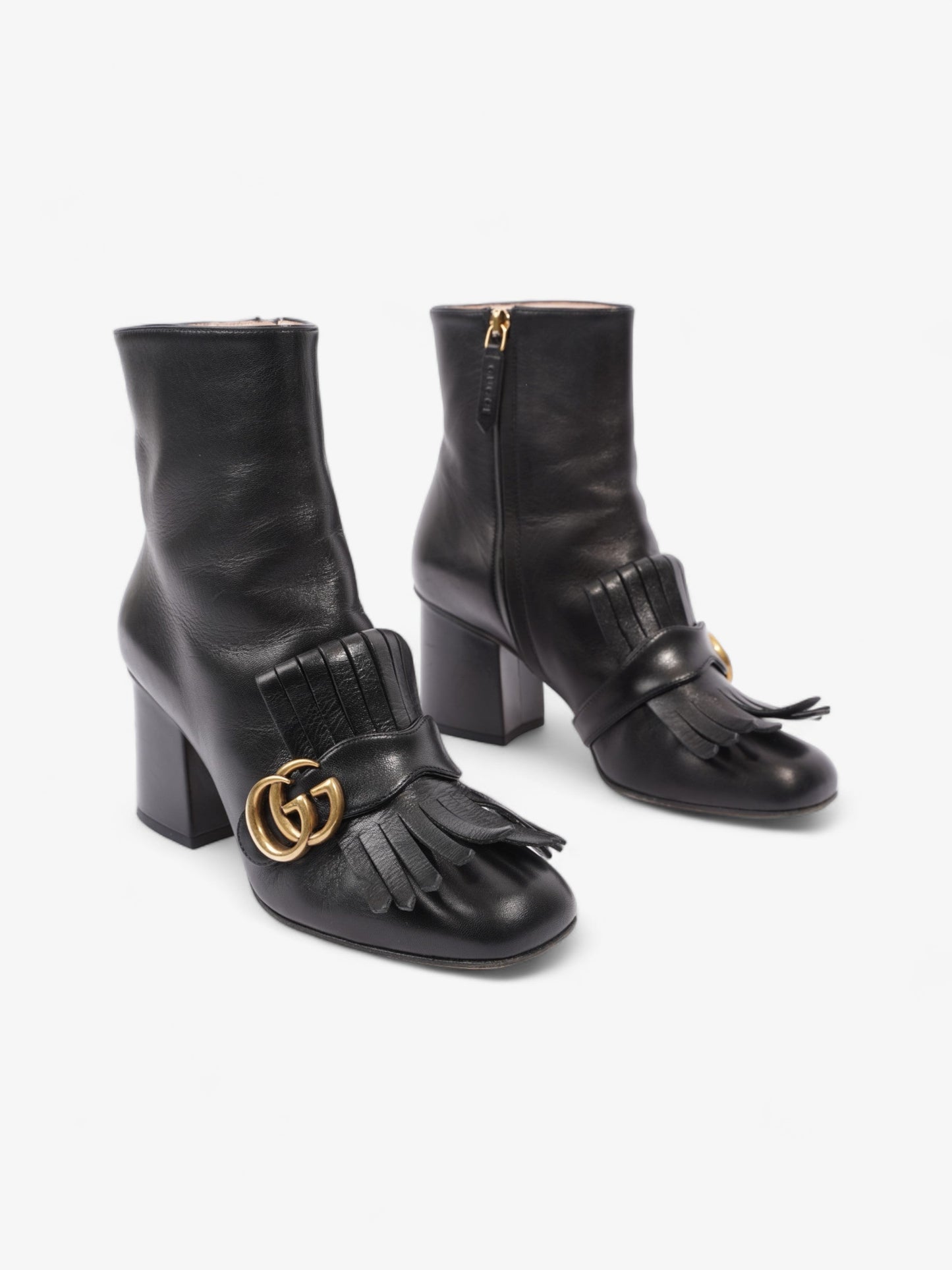 Gucci GG Marmont Fringe Block Heel 70mm Black Leather EU 37 UK 4