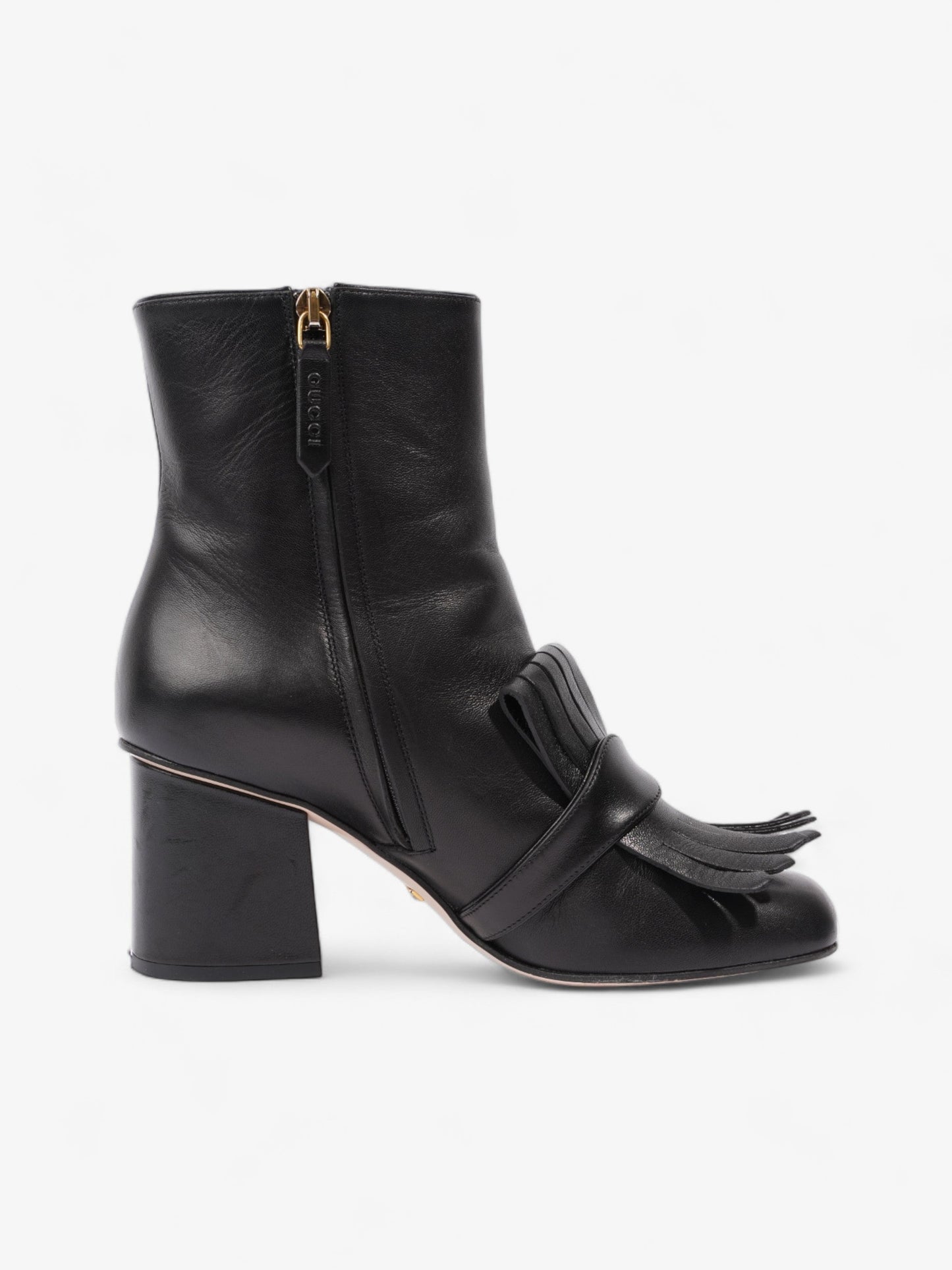 Gucci GG Marmont Fringe Block Heel 70mm Black Leather EU 37 UK 4