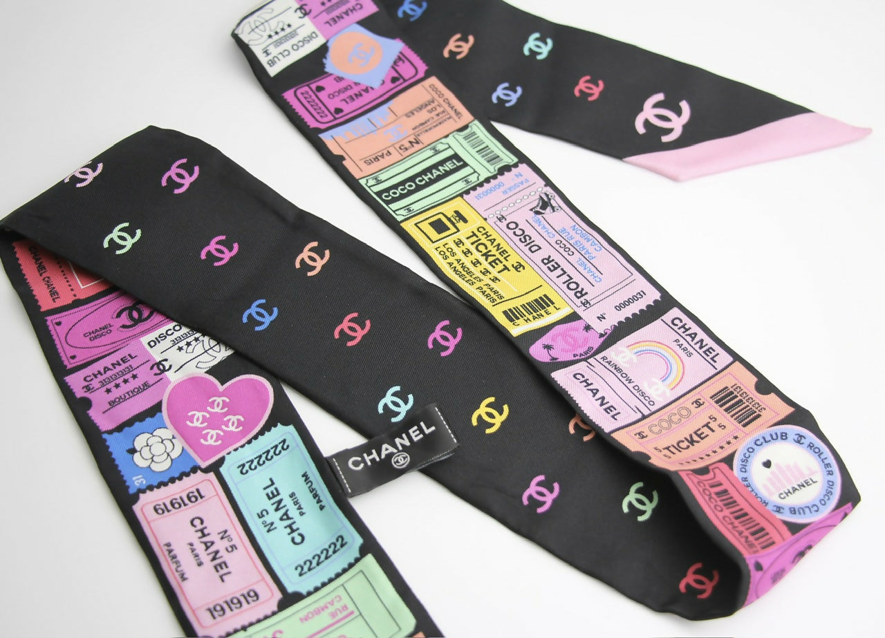 CHANEL 100% Slim Silk Scarf Bandeau Twilly CC Mark Scarf in Multicolour
