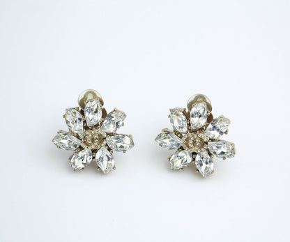 Chanel Vintage 02A Rhinestone Sparkling Ice Crystal Flower Clip-on Earrings