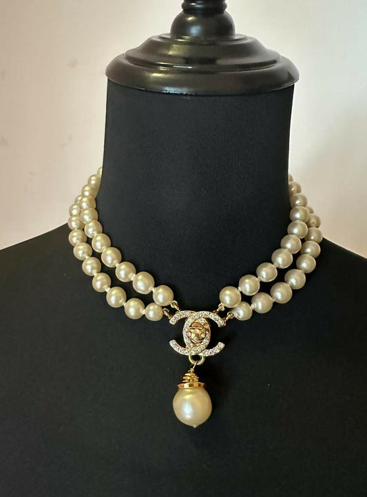 Chanel Vintage Double-Strand Pearl & Crystal CC Pendant Necklace