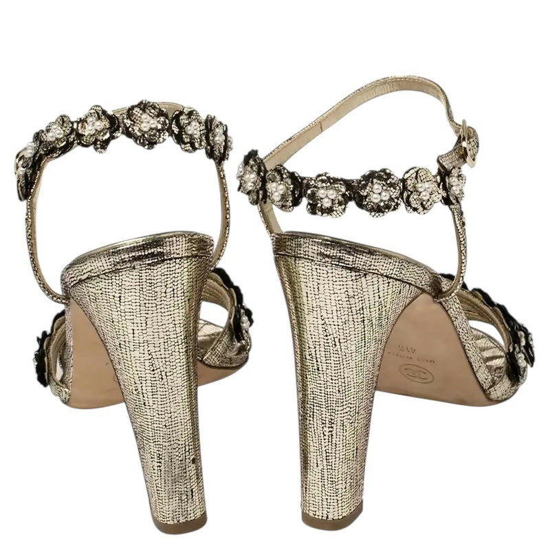 Chanel Gold Metallic Leather Camellia Pearl Sandals Heels EU 38.5C