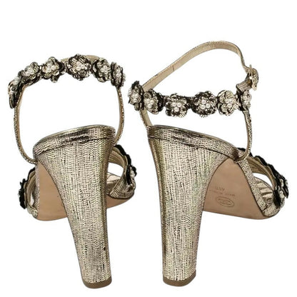 Chanel Gold Metallic Leather Camellia Pearl Sandals Heels EU 38.5C