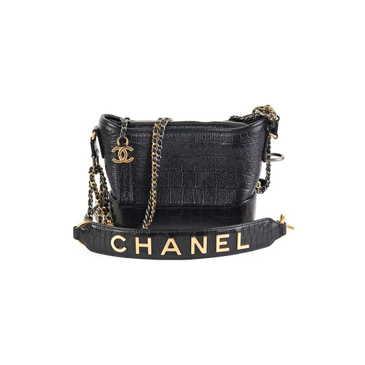 Chanel Small Gabrielle Black Croc Embossed Bag