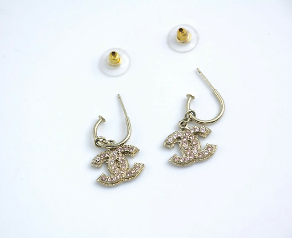 Chanel Vintage 08C Rhinestone Light Pink Hoop Stud Earrings