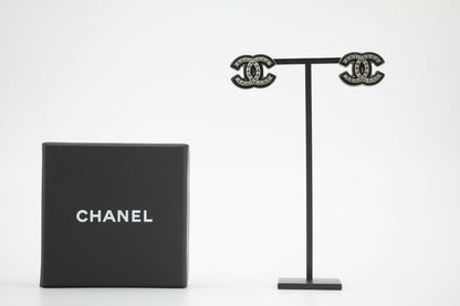 Chanel A24A Metal Black Silver Check CC Clip-on Earrings
