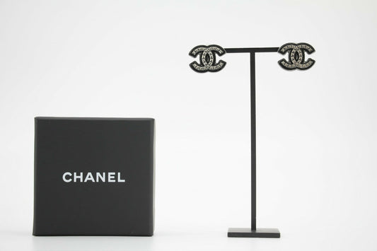 Chanel A24A Metal Black Silver Check CC Clip-on Earrings