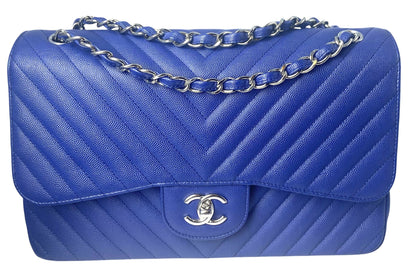 Chanel 2019 Bright Blue Caviar Chevron Quilted Jumbo Double Flap Timeless Classic Bag SHW
