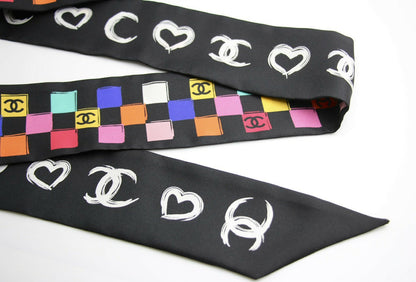 CHANEL 100% Silk Twilly Checkered Pattern CC Logo Scarf in Black and Multicolour