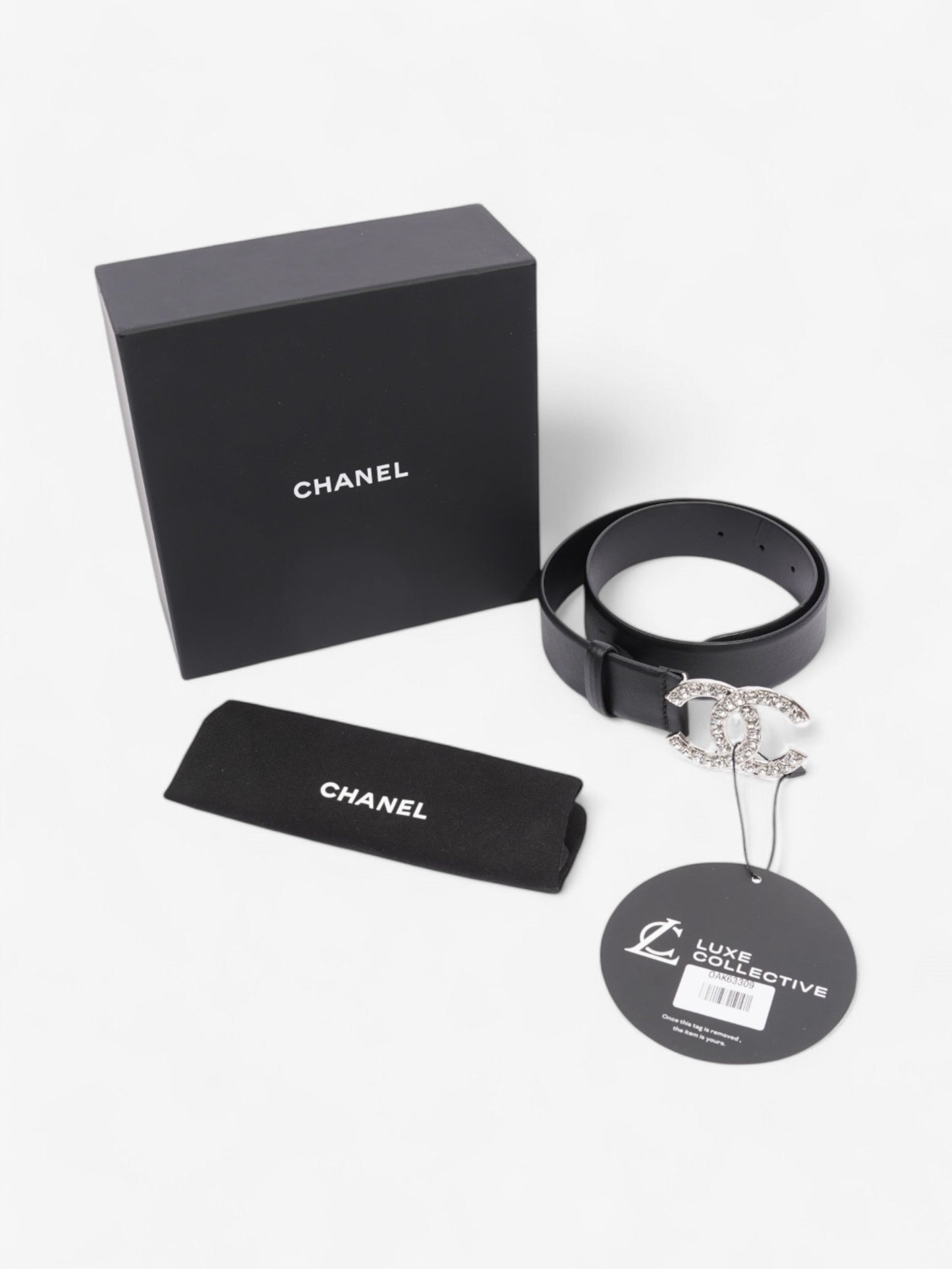 Chanel CC Crystal Belt Black / White Leather 70cm / 28"
