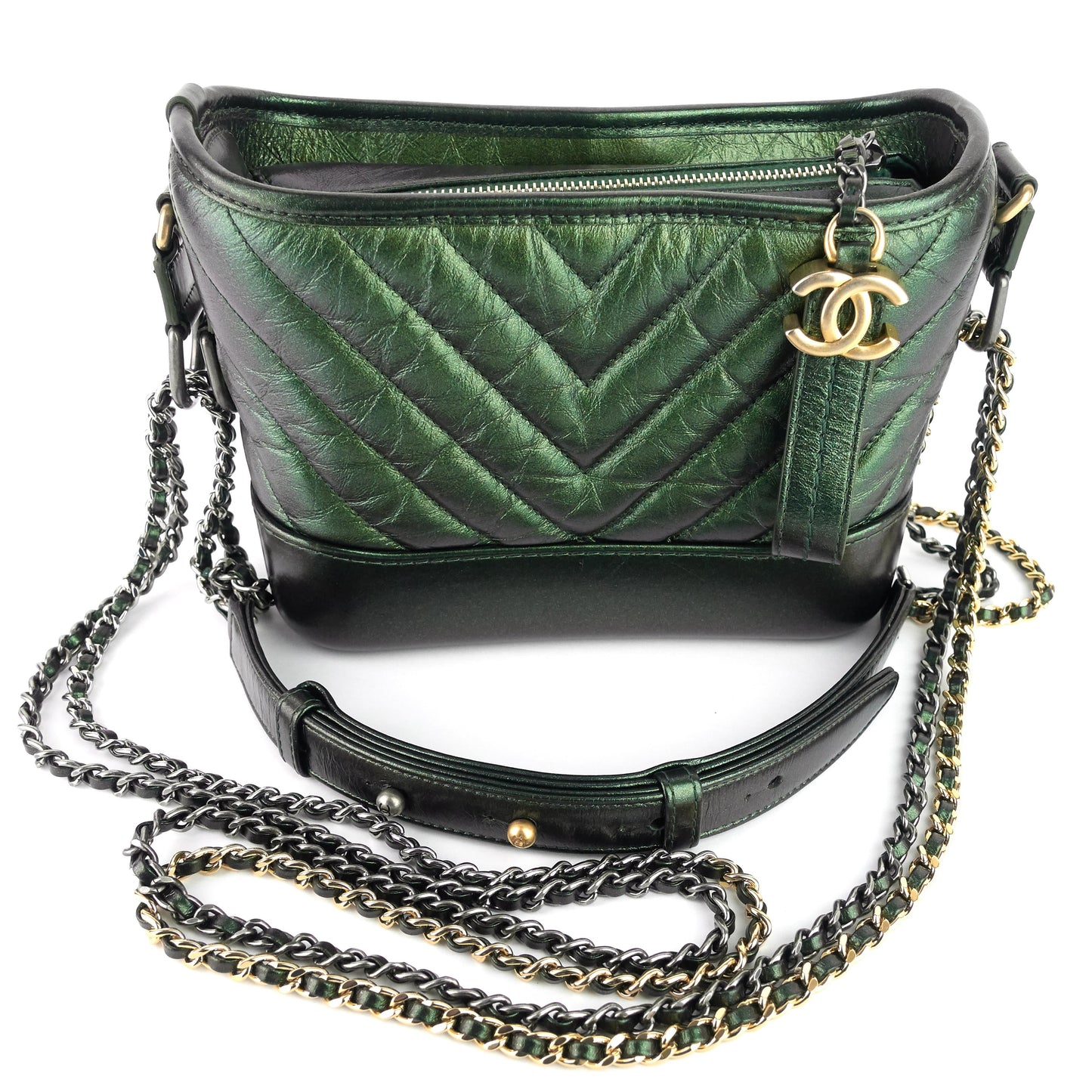 Chanel Gabrielle Small Chevron Metallic Leather Hobo Bag