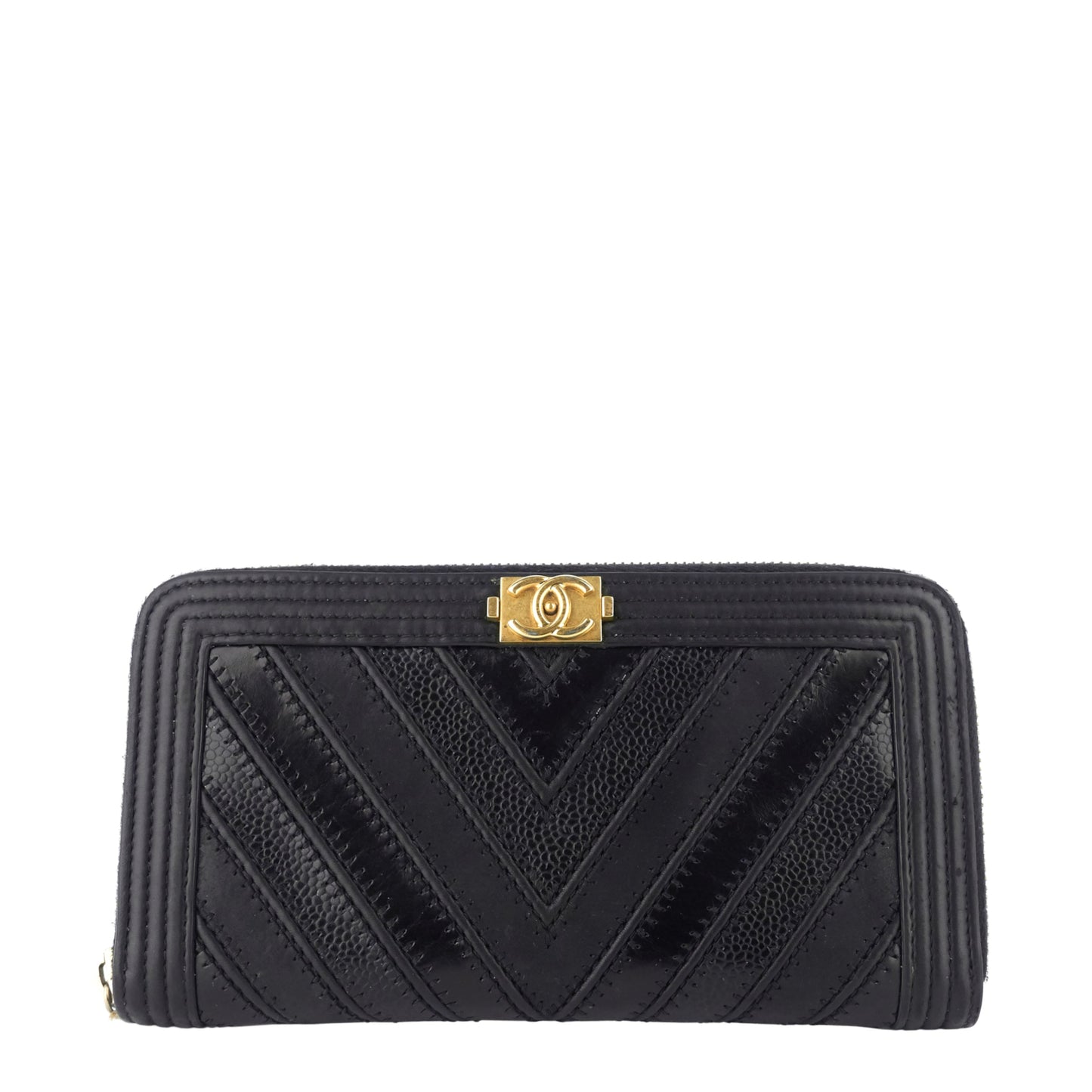 Chanel Boy Chevron Mixed Leather Zip Around Wallet