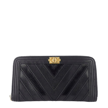 Chanel Boy Chevron Mixed Leather Zip Around Wallet