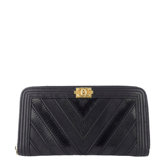 Chanel Boy Chevron Mixed Leather Zip Around Wallet