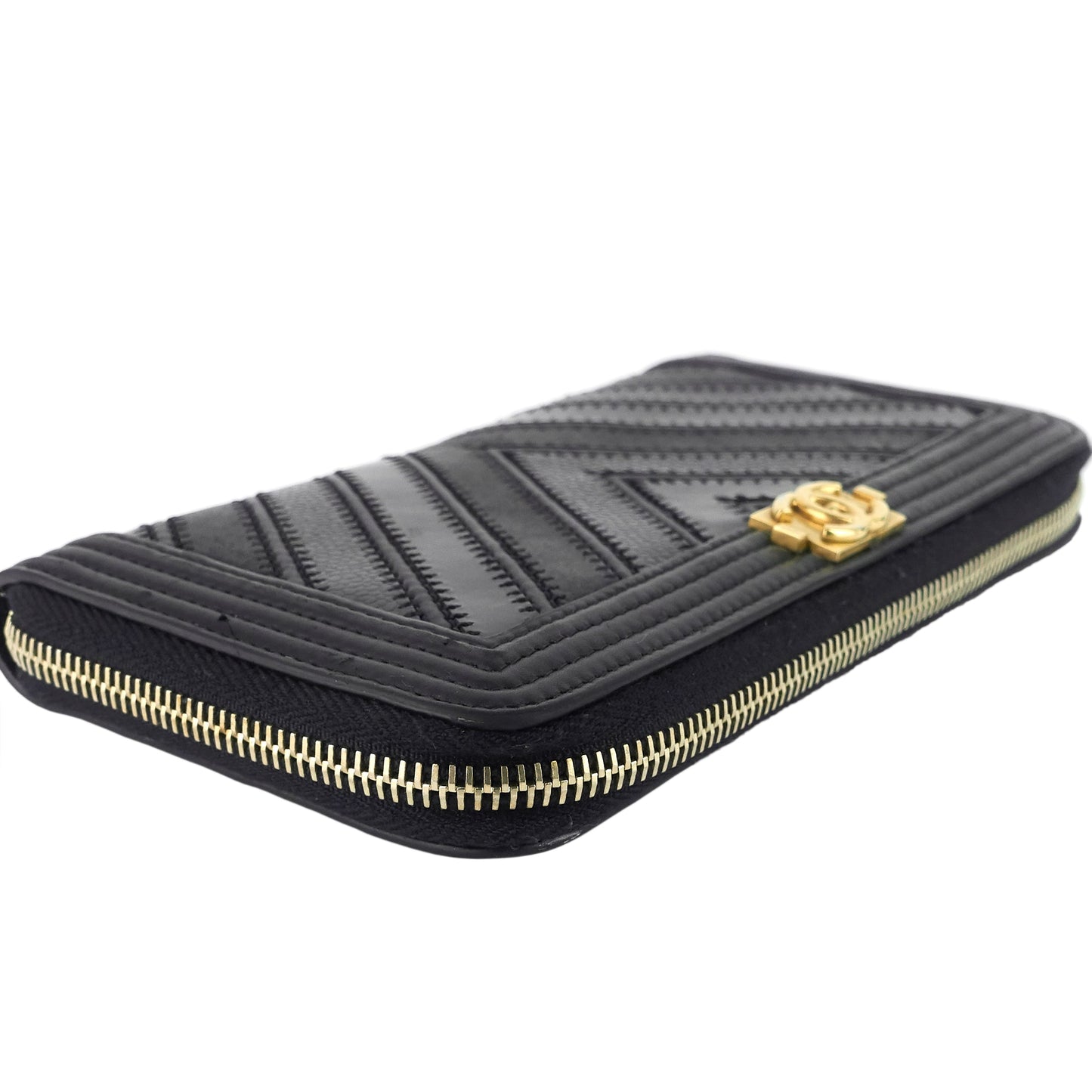 Chanel Boy Chevron Mixed Leather Zip Around Wallet