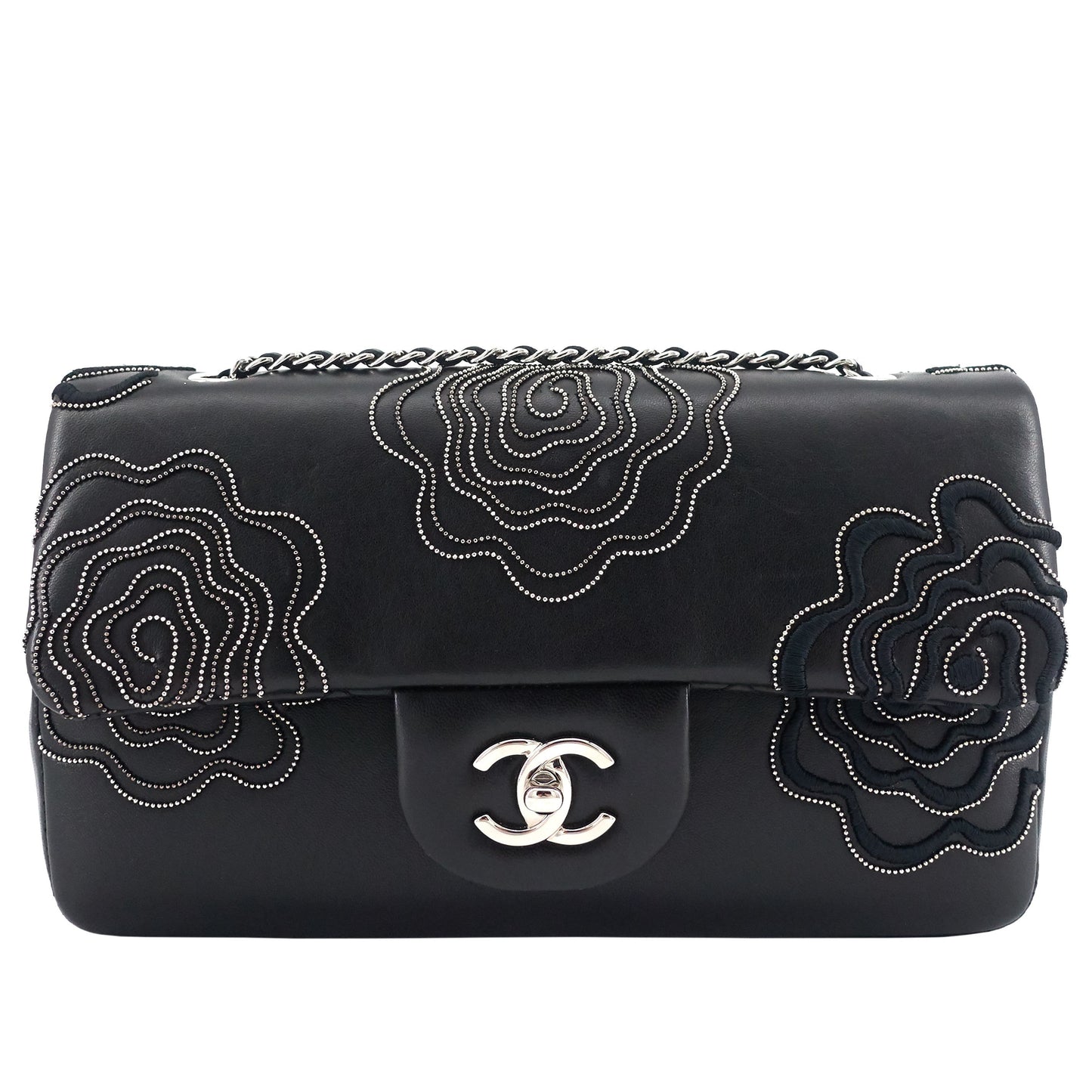 Chanel Embroidered Camellia Follies Medium Lambskin Leather Flap Bag