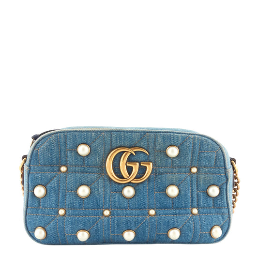 Gucci Pearly GG Marmont Small Denim Camera Bag