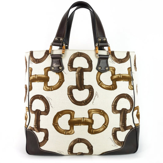 Gucci Bamboo Horsebit Print Canvas Tote Bag