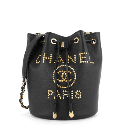 Chanel Deauville Drawstring Studded Caviar Bucket Bag