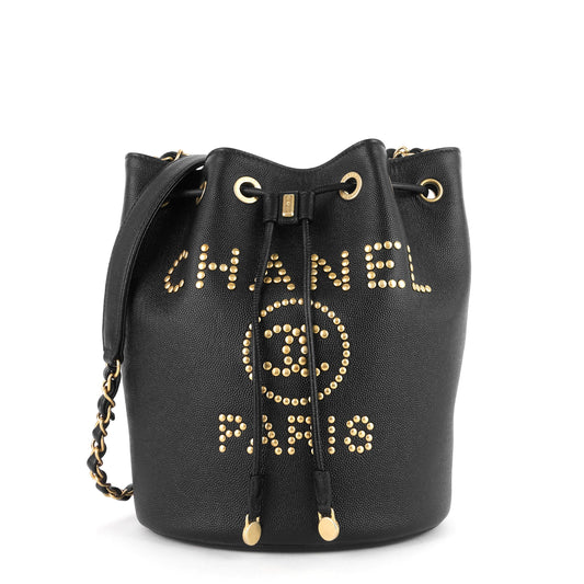 Chanel Deauville Drawstring Studded Caviar Bucket Bag