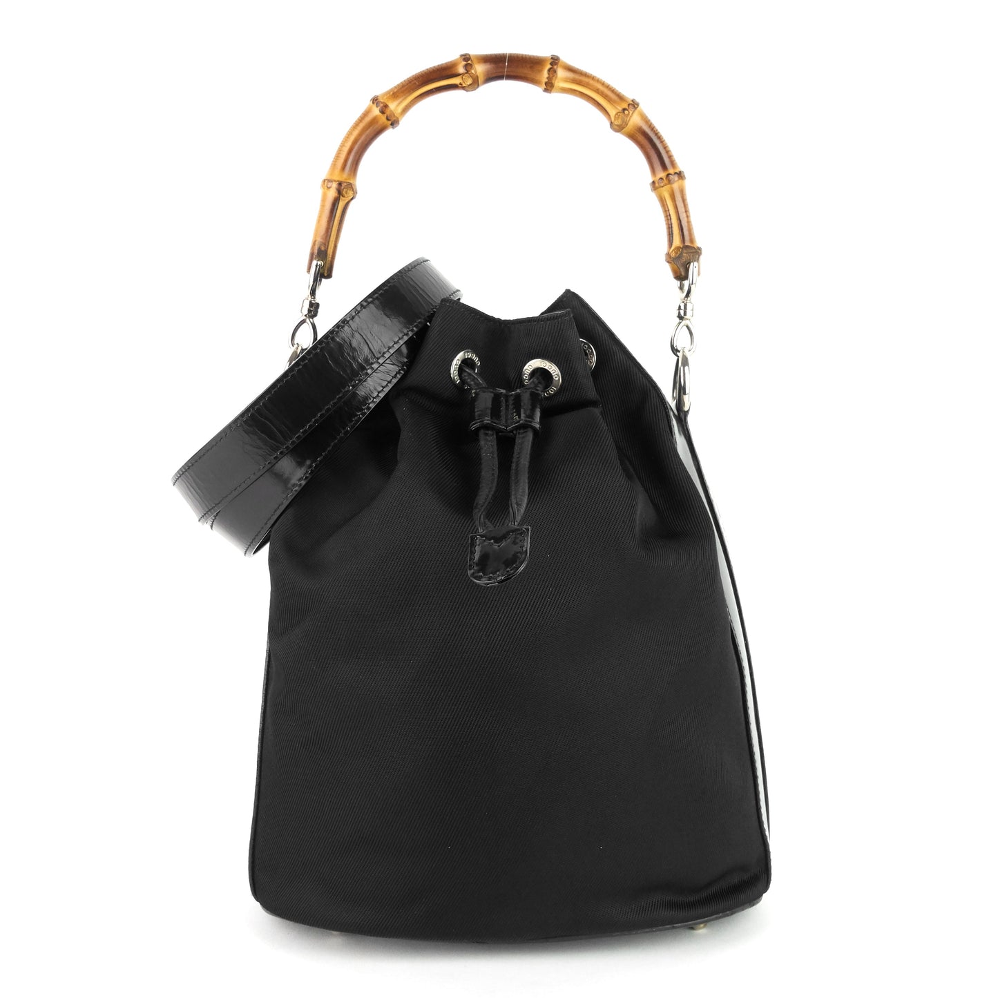 Gucci Nylon Bamboo Handle Drawstring Bucket Bag