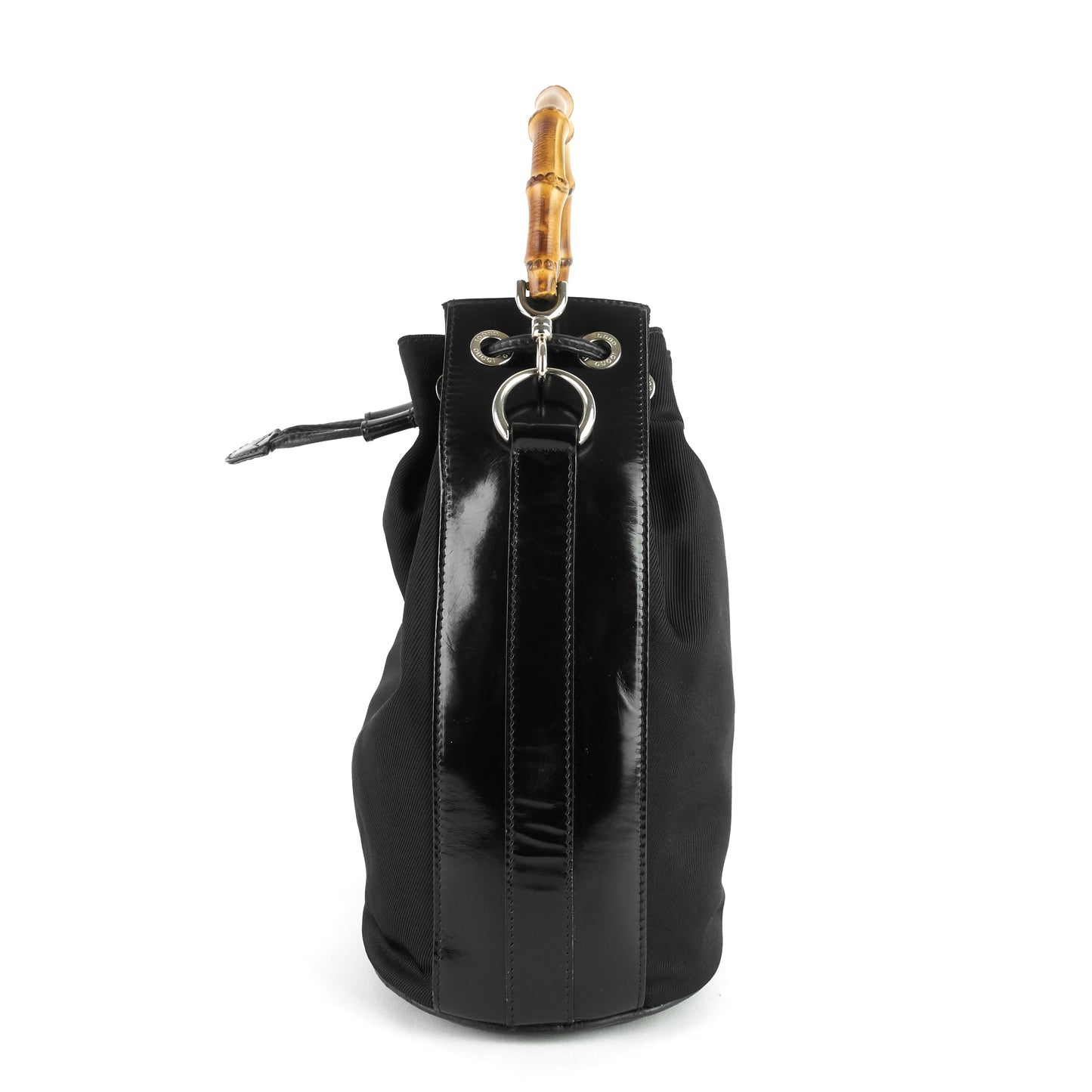 Gucci Nylon Bamboo Handle Drawstring Bucket Bag