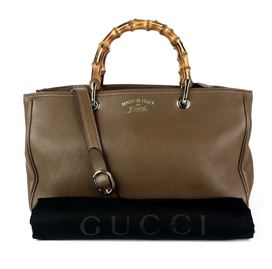 Gucci Pebbled Leather Bamboo Handle Shopper Tote Bag