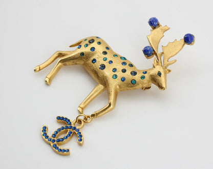 Chanel Vintage 01A Rhinestone Blue Golden Green Reindeer Brooch