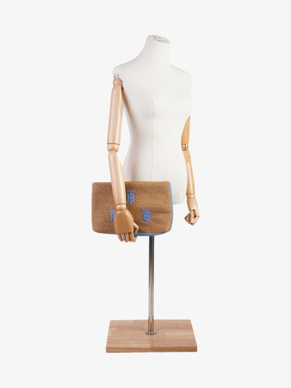 Burberry Embroidered Monogram Pouch Bag Beige / Blue Raffia