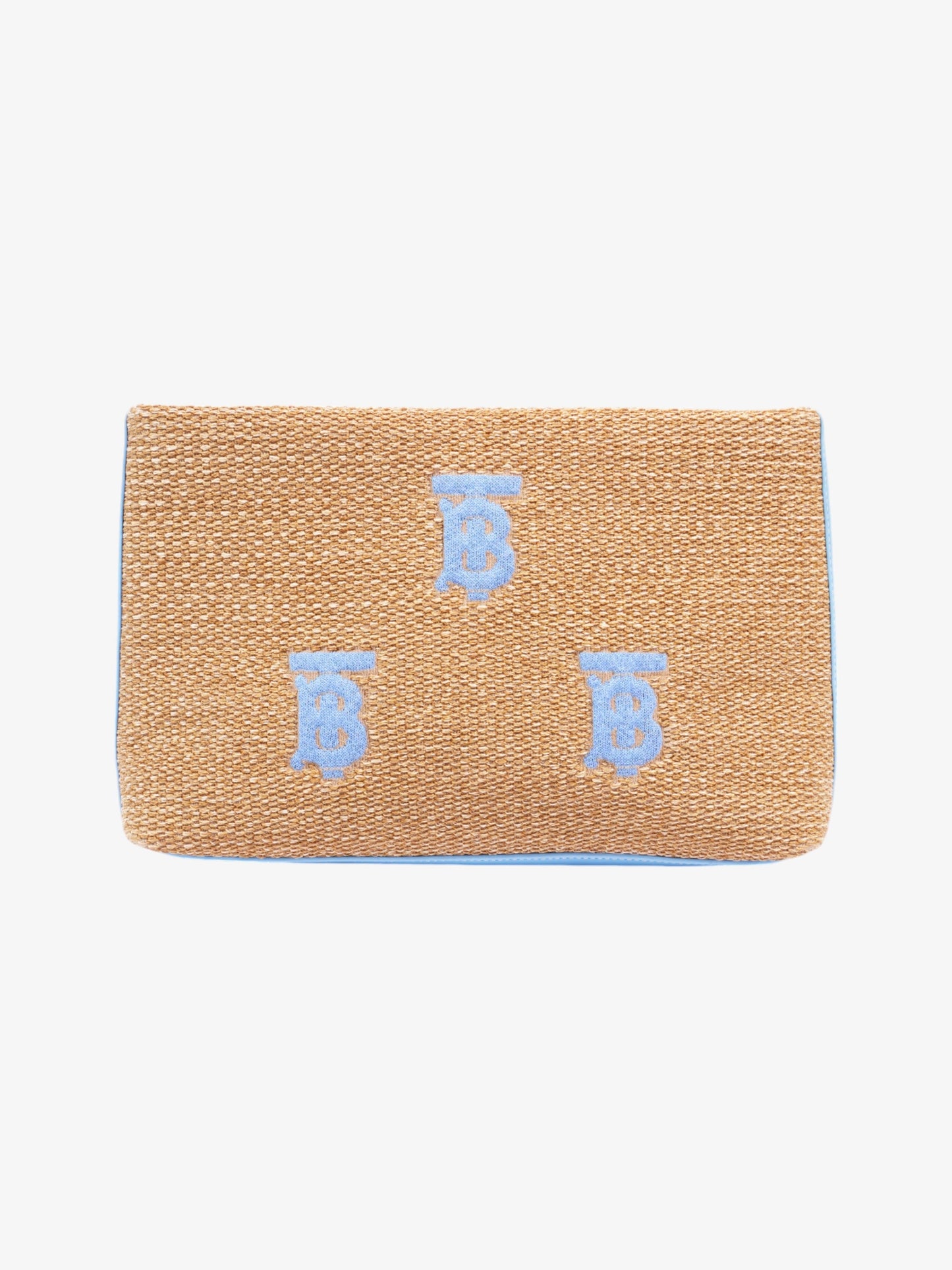 Burberry Embroidered Monogram Pouch Bag Beige / Blue Raffia