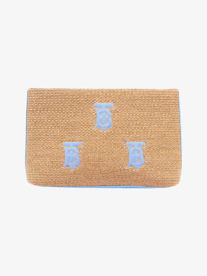 Burberry Embroidered Monogram Pouch Bag Beige / Blue Raffia