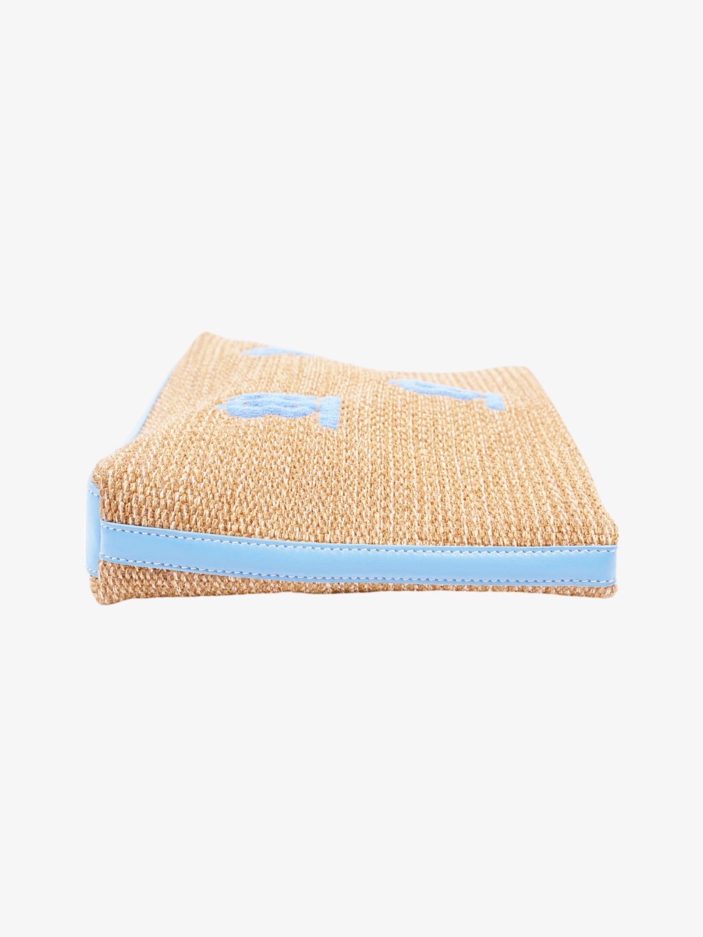 Burberry Embroidered Monogram Pouch Bag Beige / Blue Raffia