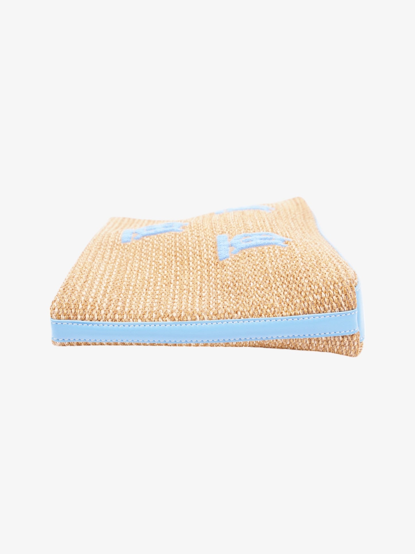 Burberry Embroidered Monogram Pouch Bag Beige / Blue Raffia
