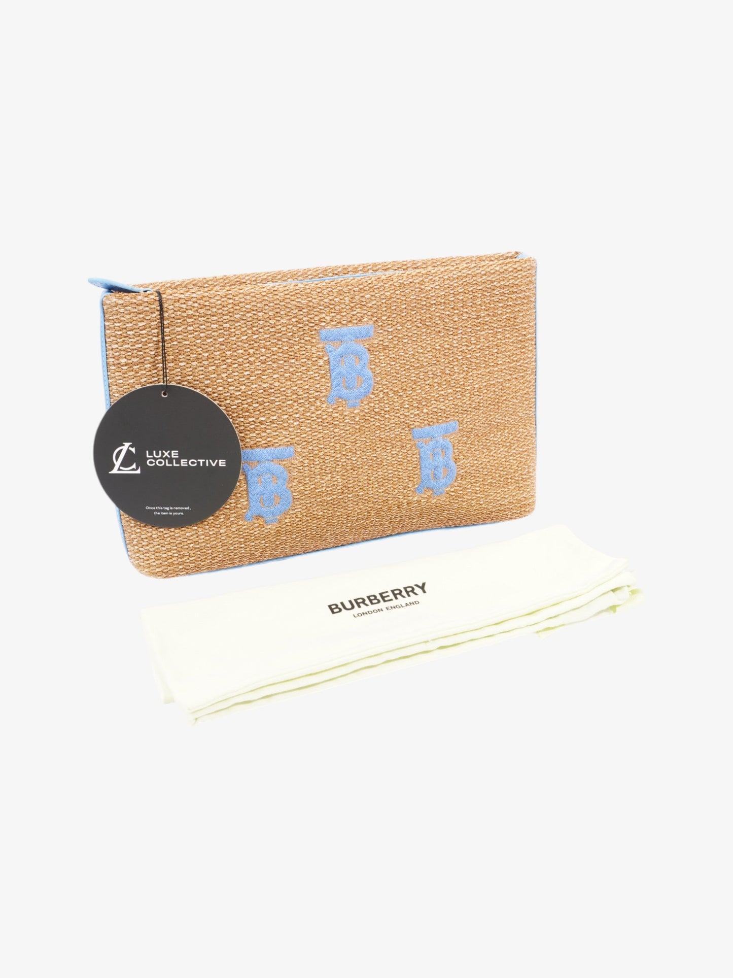 Burberry Embroidered Monogram Pouch Bag Beige / Blue Raffia
