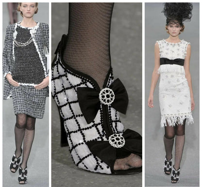 Chanel 09P Runway Black Sequin Bow CC Brooch Strap Heels Sandals EU 40
