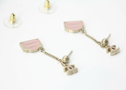 Chanel Vintage 01 Enamel Pink Purse Rue Cambon CC Dangle Stud Earrings
