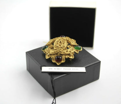 Chanel Vintage 94A Grapevine Gripoix Red and Green Gold-plated Rhombus Brooch