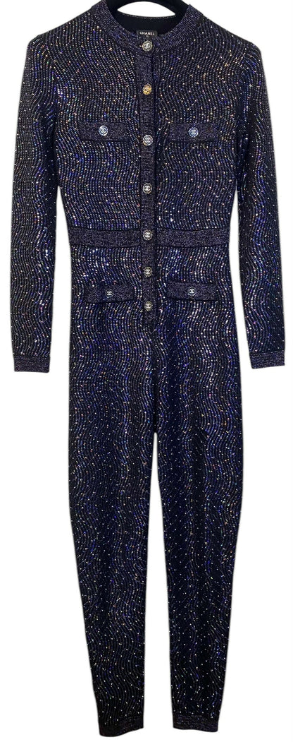 Stunning Chanel 21K Beaded Crystal Sequin Navy Black Iridescent Jumpsuit FR 36