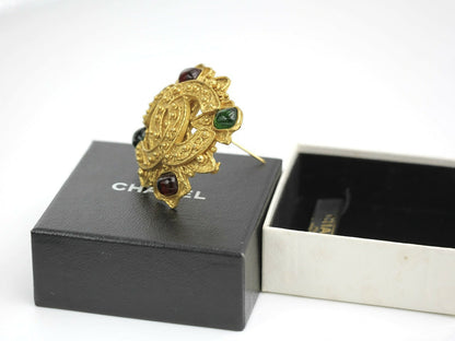 Chanel Vintage 94A Grapevine Gripoix Red and Green Gold-plated Rhombus Brooch