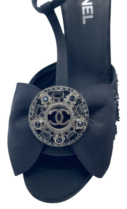 Chanel 09P Runway Black Sequin Bow CC Brooch Strap Heels Sandals EU 40