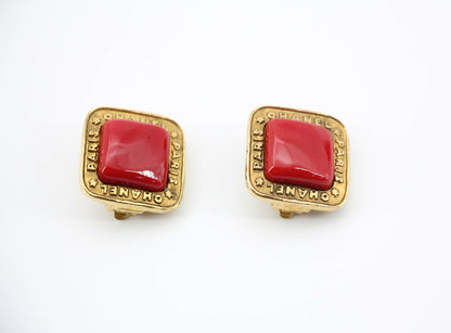 Chanel Vintage 1886-92 Gold-plated Large Red Square Clip-on Earrings