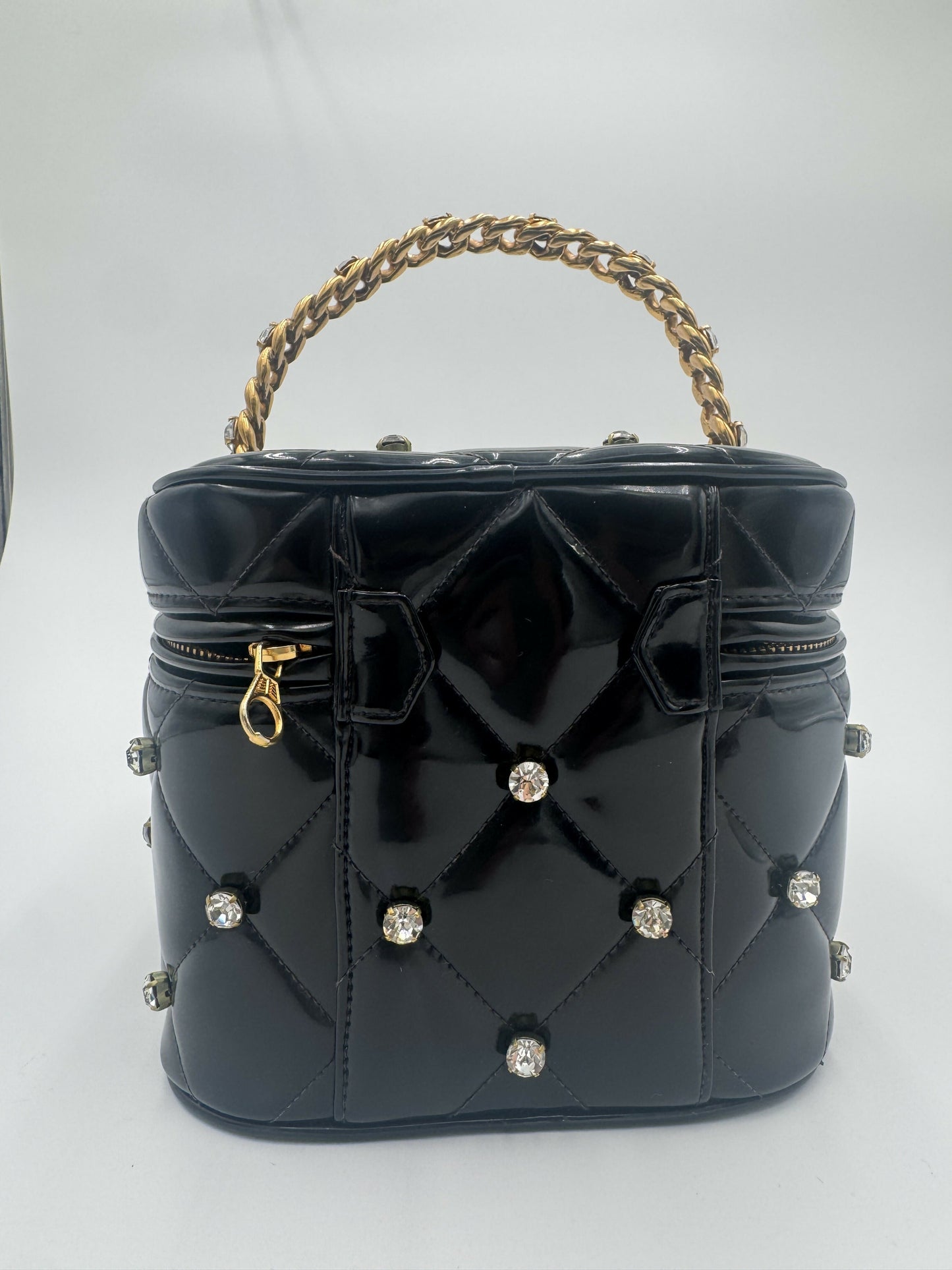 Chanel 1995 Vintage Barbie Black Rhinestone Heart-Mirror Vanity Case Bag