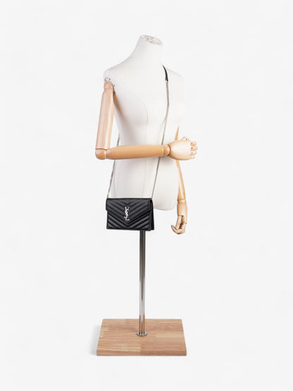 Saint Laurent Cassandre Envelope Chain Wallet Black Grained Leather