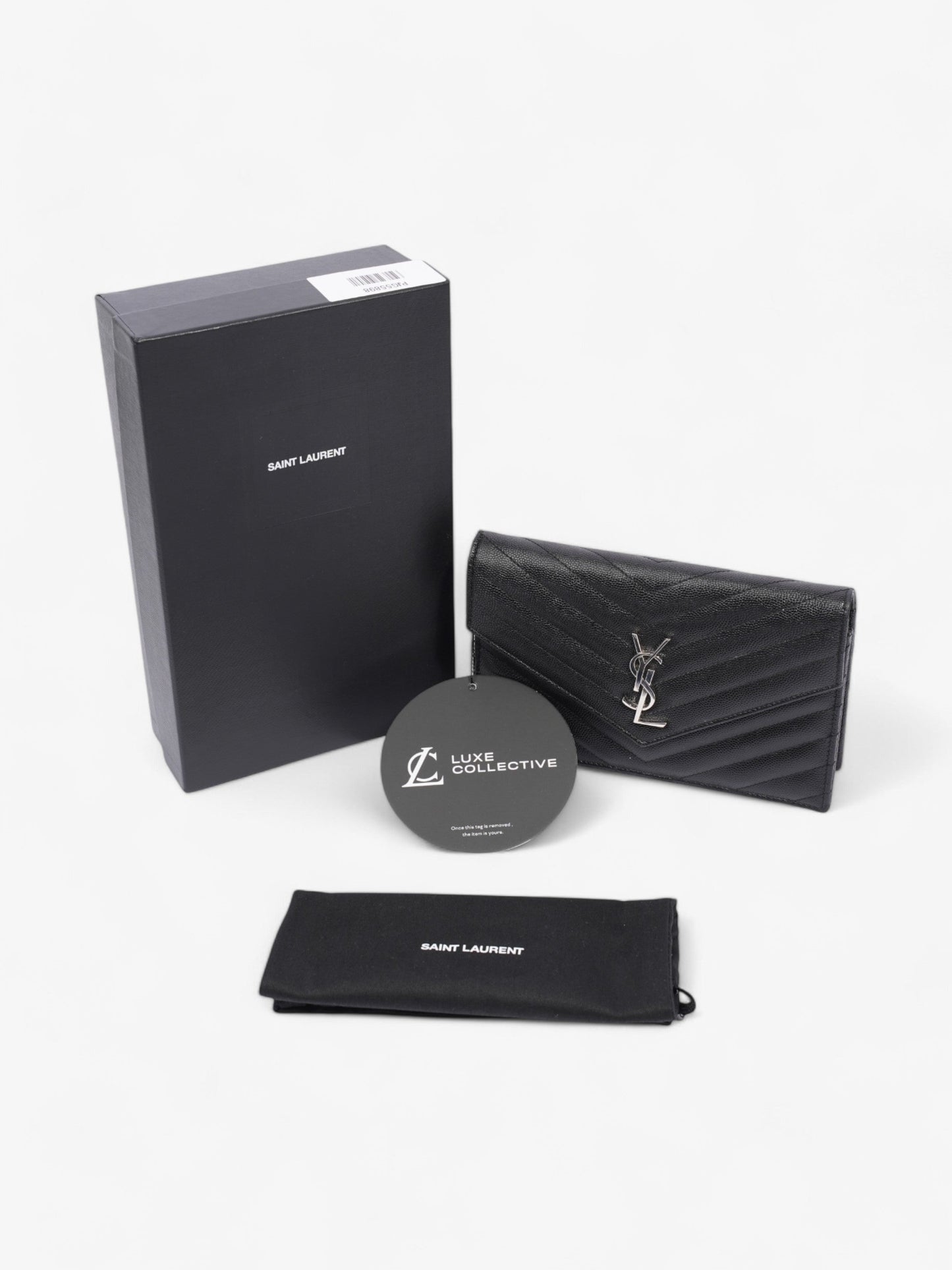 Saint Laurent Cassandre Envelope Chain Wallet Black Grained Leather